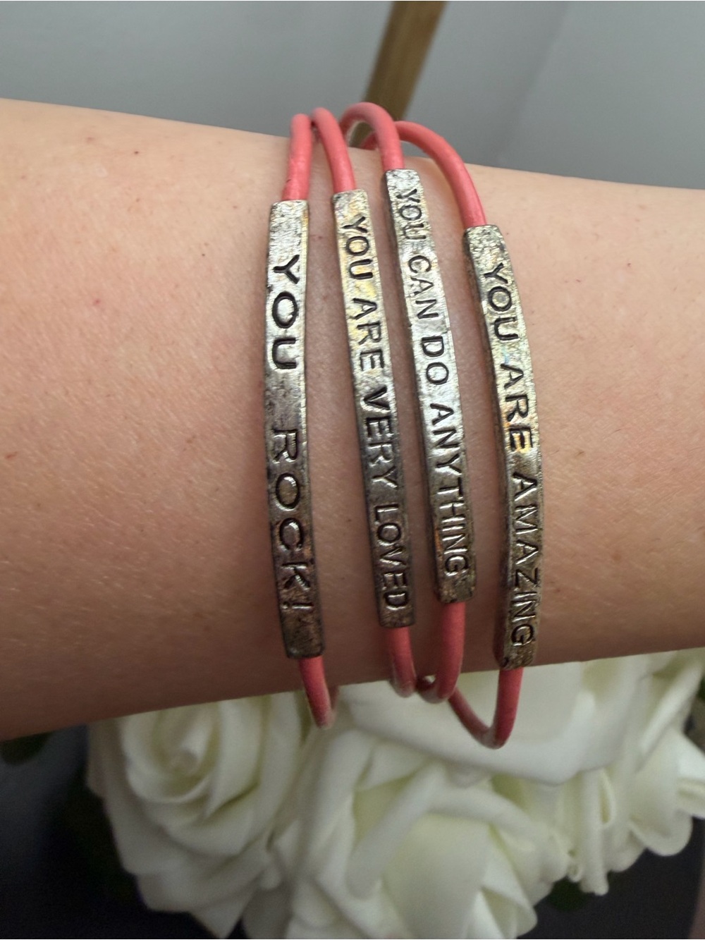 Inspirational Coral Wrap Bracelet Set with Silver Accent Bars